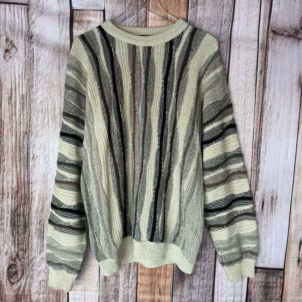 Vintage 3D‎ Knit Protege Sweater 1980s Crew Neck Pullover XXL Grandpa Browns